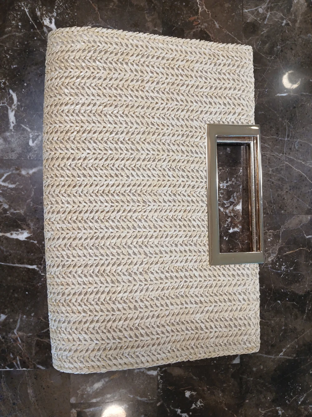 Straw Rectangle Top-Handle Clutch Bag With Gold Accents